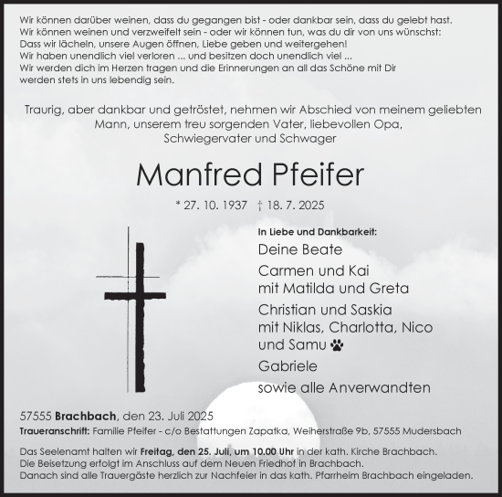 Traueranzeige von Manfred Pfeifer von Siegener Zeitung