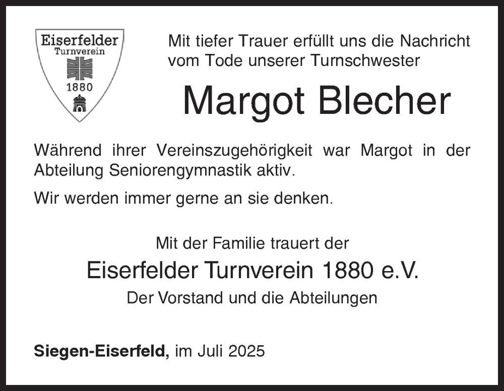  Traueranzeige für Margot Blecher vom 22.07.2025 aus Siegener Zeitung