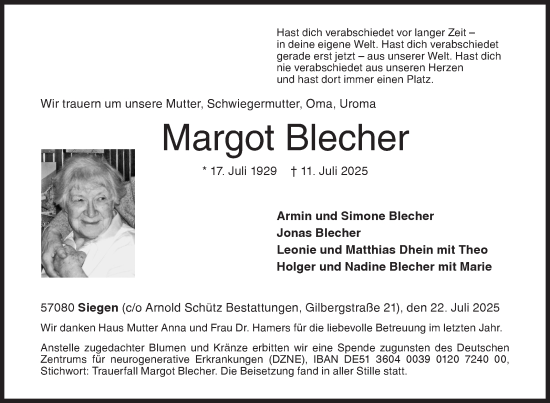Traueranzeige von Margot Blecher von Siegener Zeitung