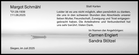 Traueranzeige von Margot Schmähl von Siegener Zeitung