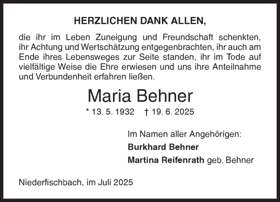 Traueranzeige von Maria Behner von Siegener Zeitung