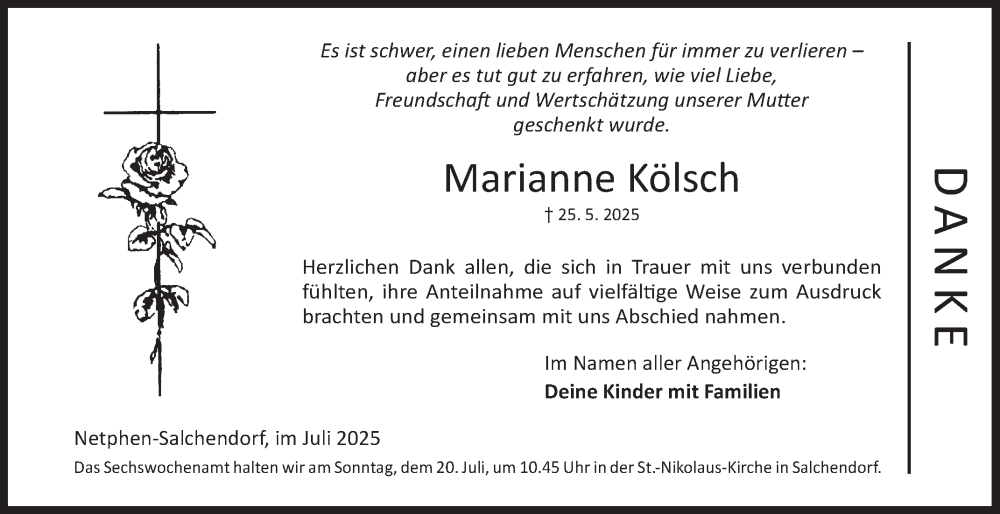 Traueranzeige für Marianne Kölsch vom 12.07.2025 aus Siegener Zeitung