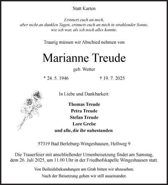 Traueranzeige von Marianne Treude von Siegener Zeitung