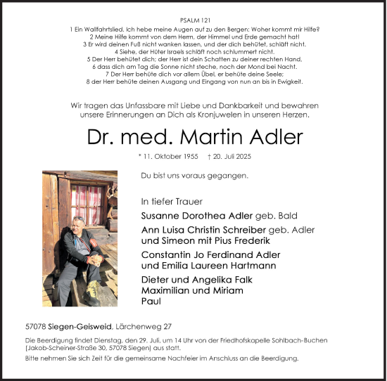 Traueranzeige von Martin Adler von Siegener Zeitung