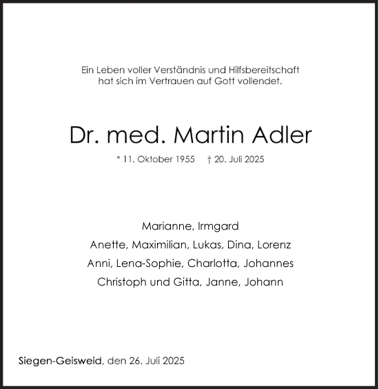Traueranzeige von Martin Adler von Siegener Zeitung