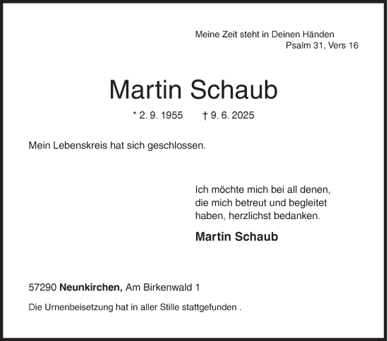 Traueranzeige von Martin Schaub von Siegener Zeitung