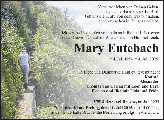 Traueranzeige von Mary Eutebach von Siegener Zeitung