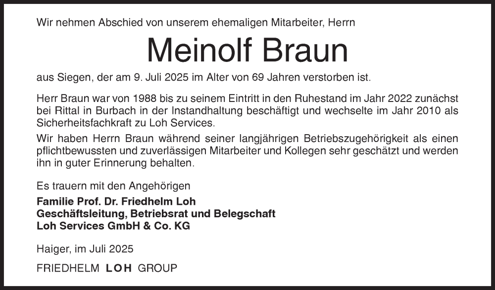  Traueranzeige für Meinolf Braun vom 19.07.2025 aus Siegener Zeitung