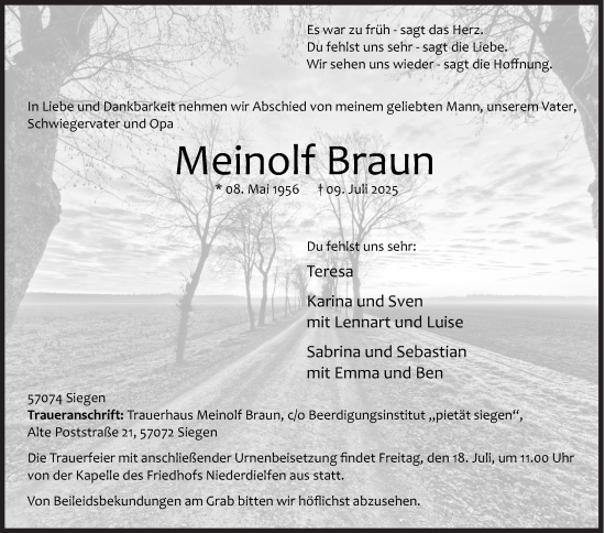 Traueranzeige von Meinolf Braun von Siegener Zeitung