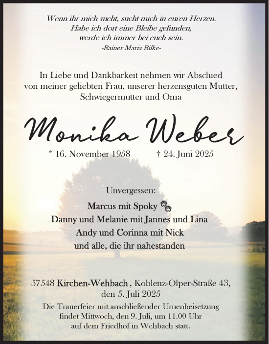 Traueranzeige von Monika Weber von Siegener Zeitung