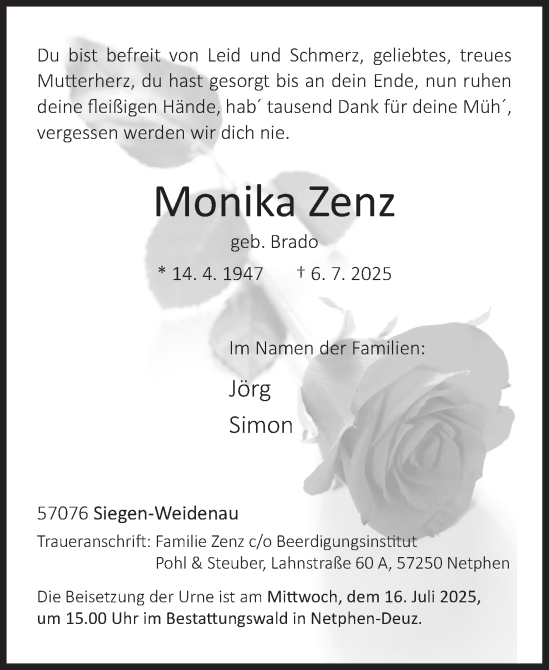 Traueranzeige von Monika Zenz von Siegener Zeitung