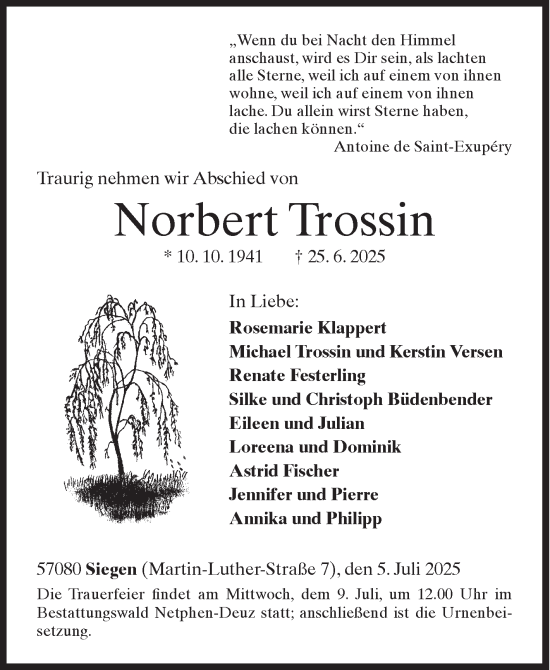 Traueranzeige von Norbert Trossin von Siegener Zeitung