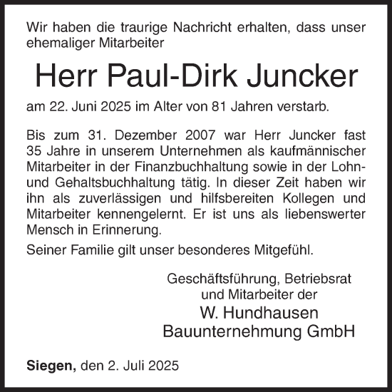 Traueranzeige von Paul-Dirk Juncker von Siegener Zeitung