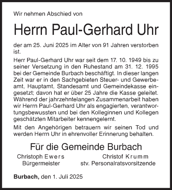 Traueranzeige von Paul-Gerhard Uhr von Siegener Zeitung
