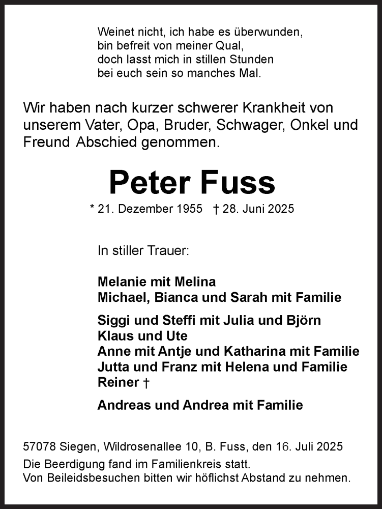  Traueranzeige für Peter Fuss vom 16.07.2025 aus Siegener Zeitung