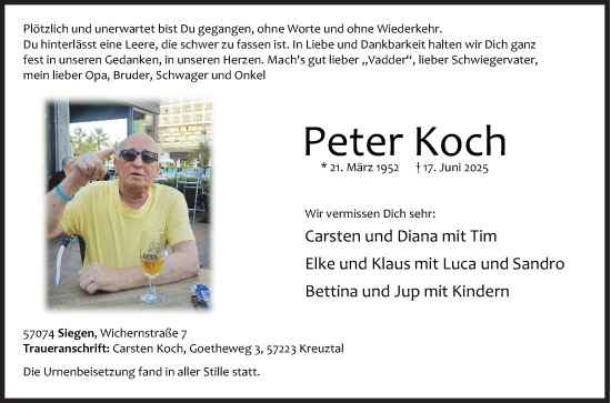 Traueranzeige von Peter Koch von Siegener Zeitung