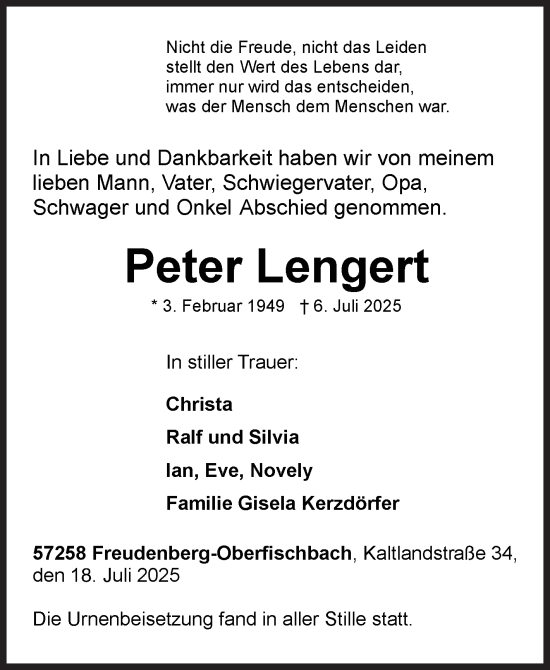 Traueranzeige von Peter Lengert von Siegener Zeitung