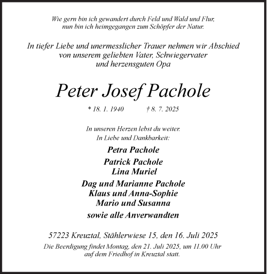 Traueranzeige von Peter  Pachole von Siegener Zeitung