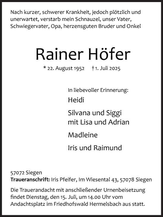 Traueranzeige von Rainer Höfer von Siegener Zeitung