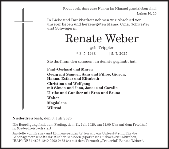 Traueranzeige von Renate Weber von Siegener Zeitung