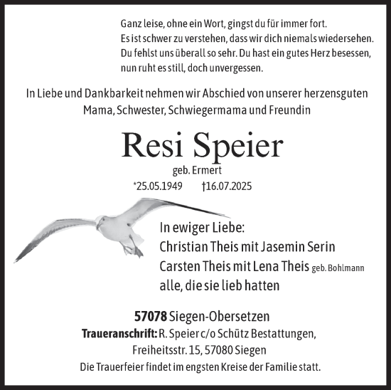 Traueranzeige von Resi Speier von Siegener Zeitung