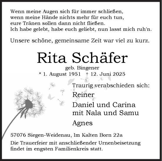 Traueranzeige von Rita Schäfer von Siegener Zeitung