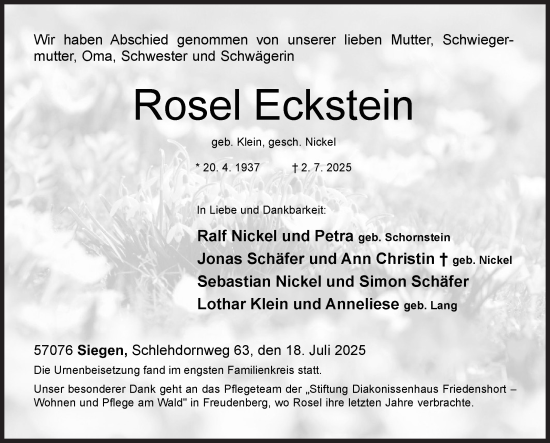 Traueranzeige von Rosel Eckstein von Siegener Zeitung