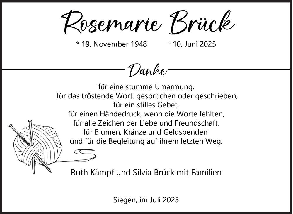  Traueranzeige für Rosemarie Brück vom 19.07.2025 aus Siegener Zeitung