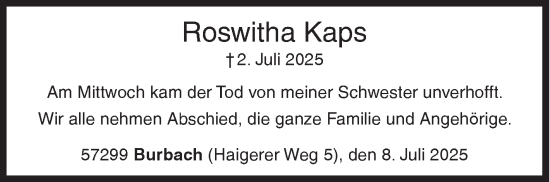 Traueranzeige von Roswitha Kaps von Siegener Zeitung