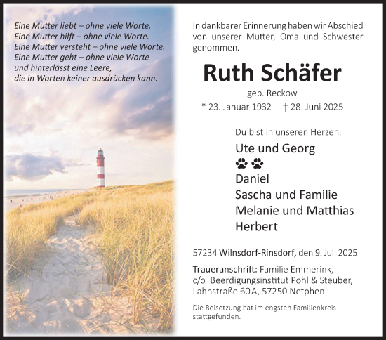 Traueranzeige von Ruth Schäfer von Siegener Zeitung