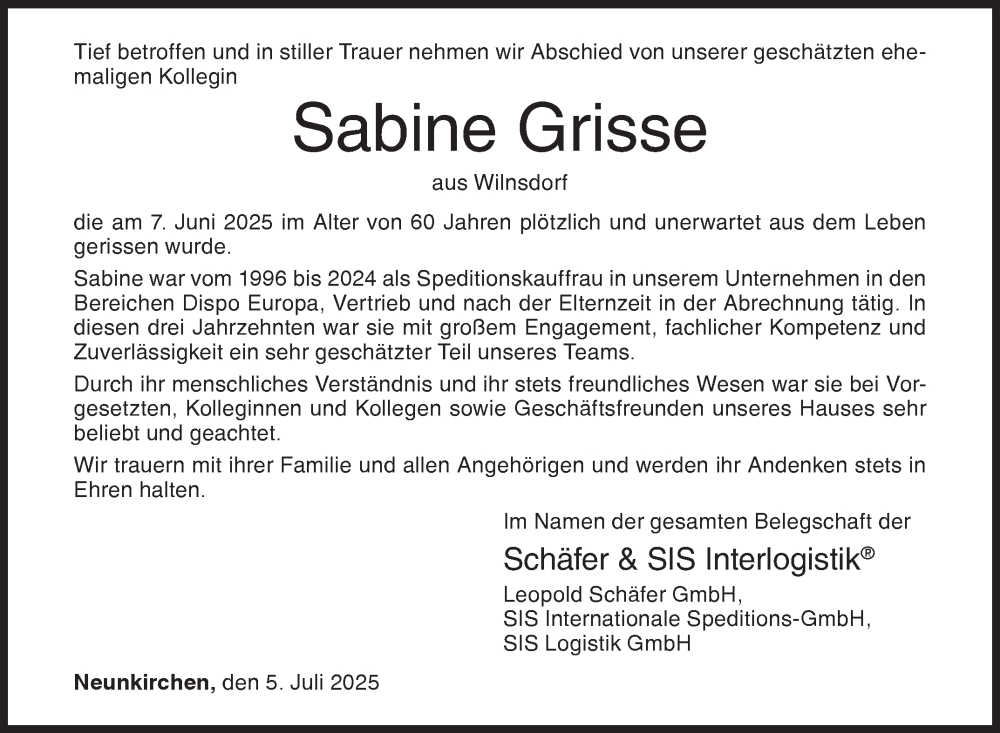 Traueranzeige für Sabine Grisse vom 05.07.2025 aus Siegener Zeitung