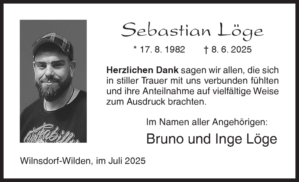  Traueranzeige für Sebastian Löge vom 12.07.2025 aus Siegener Zeitung
