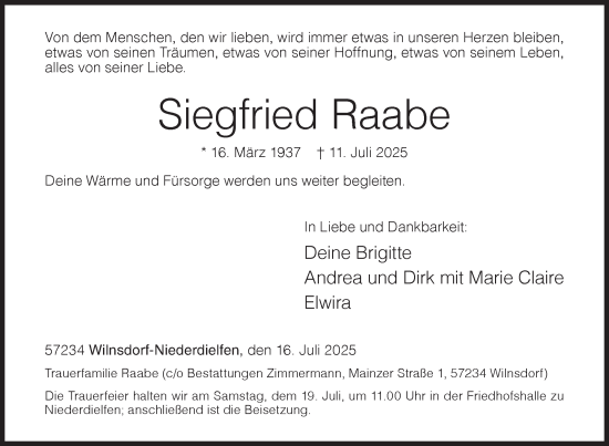 Traueranzeige von Siegfried Raabe von Siegener Zeitung
