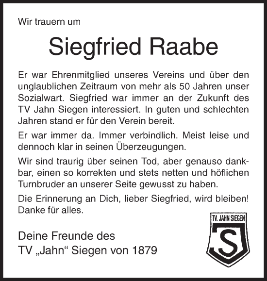 Traueranzeige von Siegfried Raabe von Siegener Zeitung