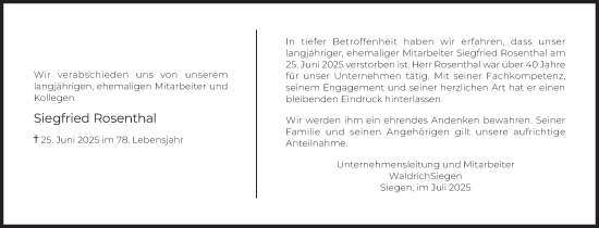 Traueranzeige von Siegfried Rosenthal von Siegener Zeitung