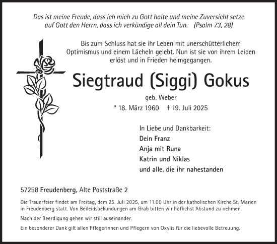 Traueranzeige von Siegtraud Gokus von Siegener Zeitung