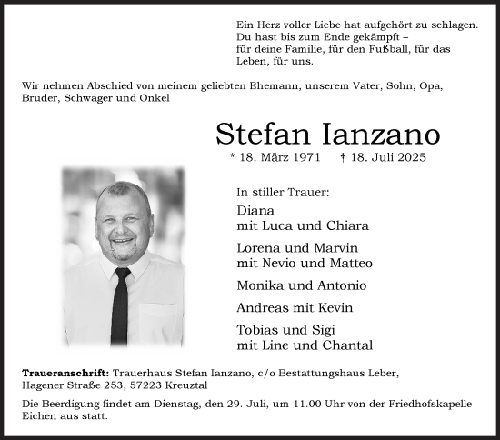 Traueranzeige von Stefan Ianzano von Siegener Zeitung