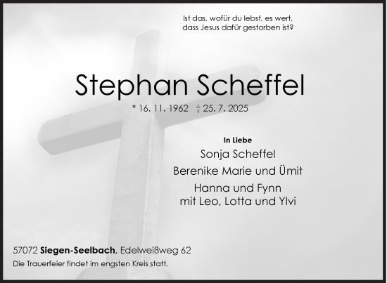 Traueranzeige von Stephan Scheffel von Siegener Zeitung