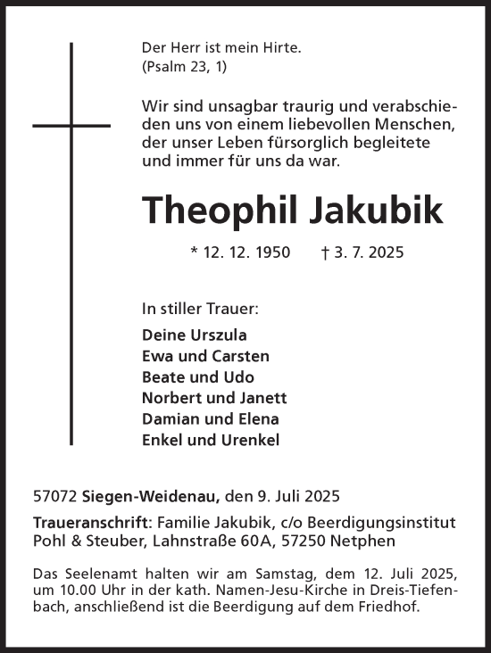 Traueranzeige von Theophil Jakubik von Siegener Zeitung