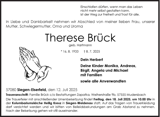Traueranzeige von Therese Brück von Siegener Zeitung