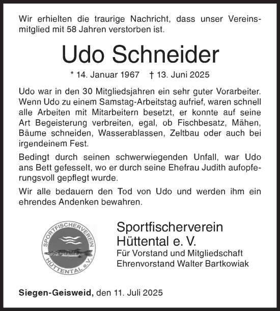 Traueranzeige von Udo Schneider von Siegener Zeitung