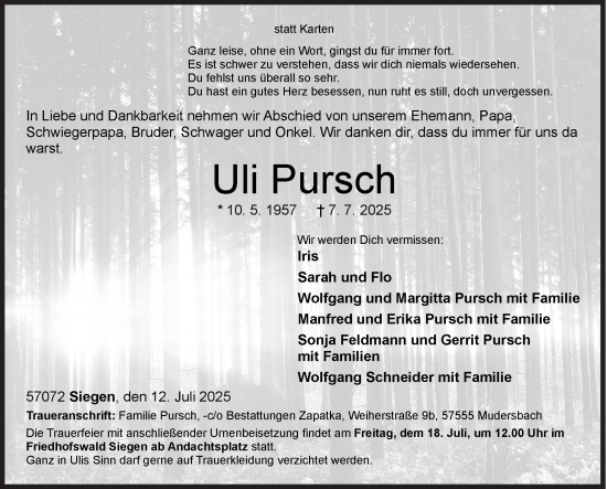 Traueranzeige von Uli Pursch von Siegener Zeitung