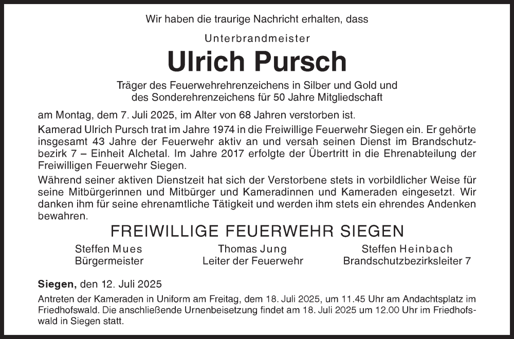  Traueranzeige für Ulrich Pursch vom 12.07.2025 aus Siegener Zeitung