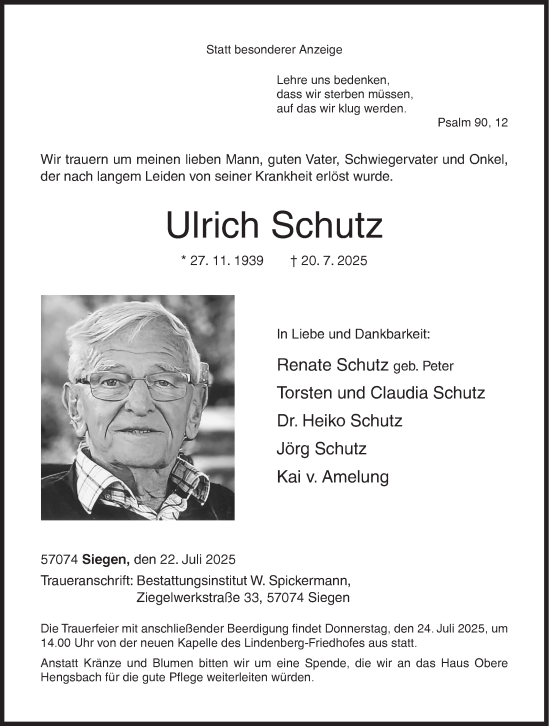 Traueranzeige von Ulrich Schutz von Siegener Zeitung