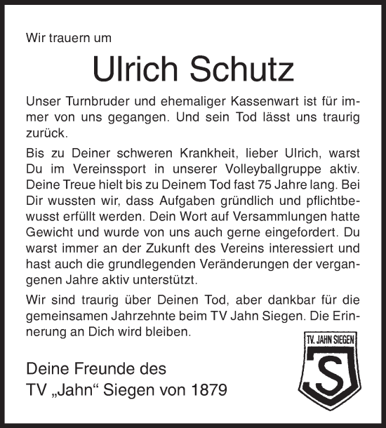 Traueranzeige von Ulrich Schutz von Siegener Zeitung