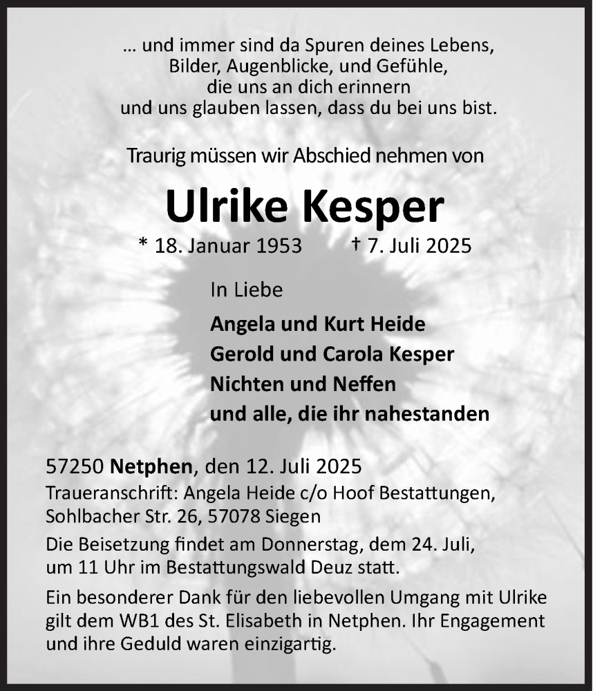  Traueranzeige für Ulrike Kesper vom 12.07.2025 aus Siegener Zeitung