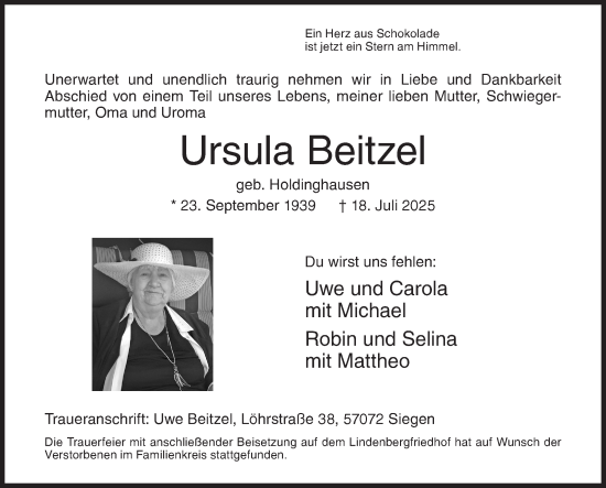 Traueranzeige von Ursula Beitzel von Siegener Zeitung