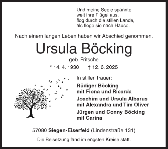 Traueranzeige von Ursula Böcking von Siegener Zeitung