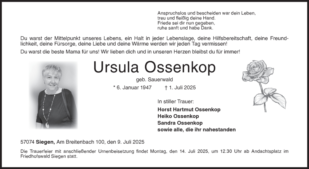  Traueranzeige für Ursula Ossenkop vom 09.07.2025 aus Siegener Zeitung