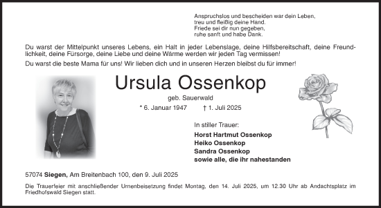 Traueranzeige von Ursula Ossenkop von Siegener Zeitung